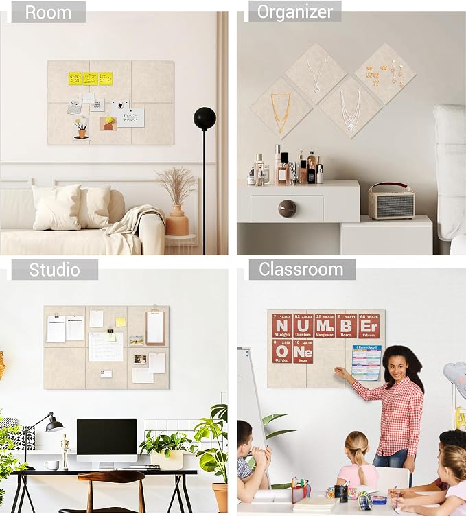 28" x 18" Felt Bulletin Board Tiles 1/2" Thick, Beige | 6 Pack Felt Tiles, Large Cork Board Alternative, 30 Adhesive Tabs, Pin Board for Home Office Decor with Easy Install