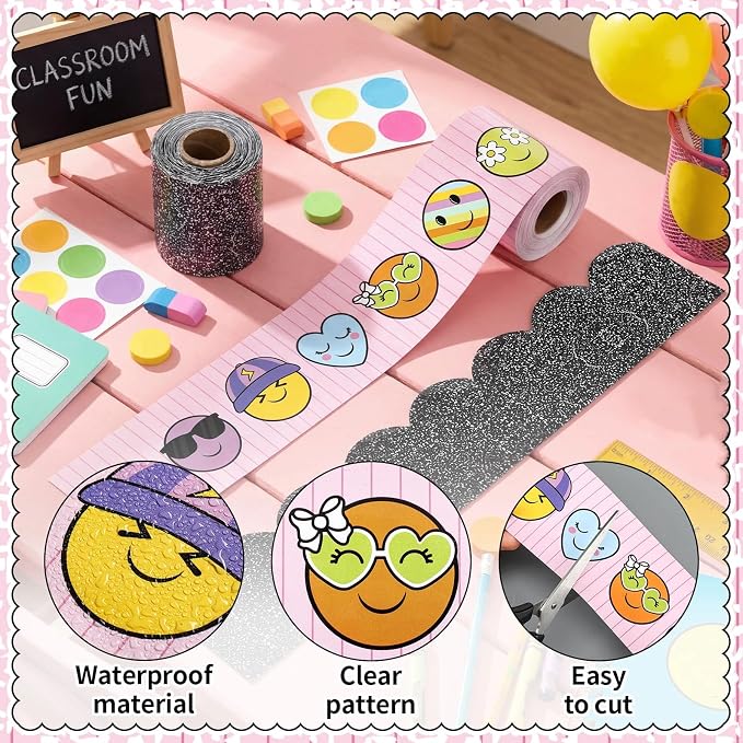 Gilprop 100 ft Back to School Bulletin Board Borders Composition Smile | Happy Face Classroom Decoration, Scalloped Trim, Preschool Kindergarten Office Teacher Suppy, Party Wall Decor
