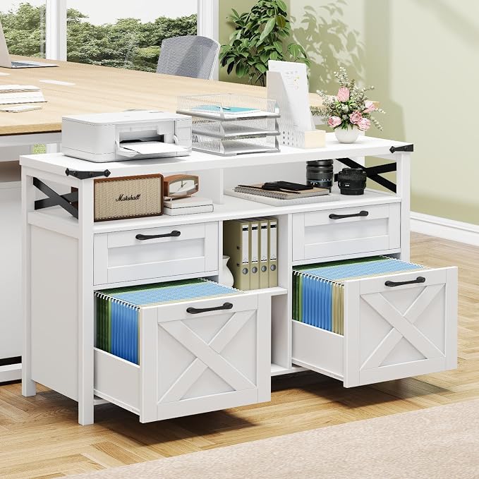 Halitaa File Cabinet with Open Storage Shelf for Home Office, White | Farmhouse, Lateral Filing Organization Storage Cabinets, 4 Drawers, Adjustable Shelf, Hanging Files Letter/A4
