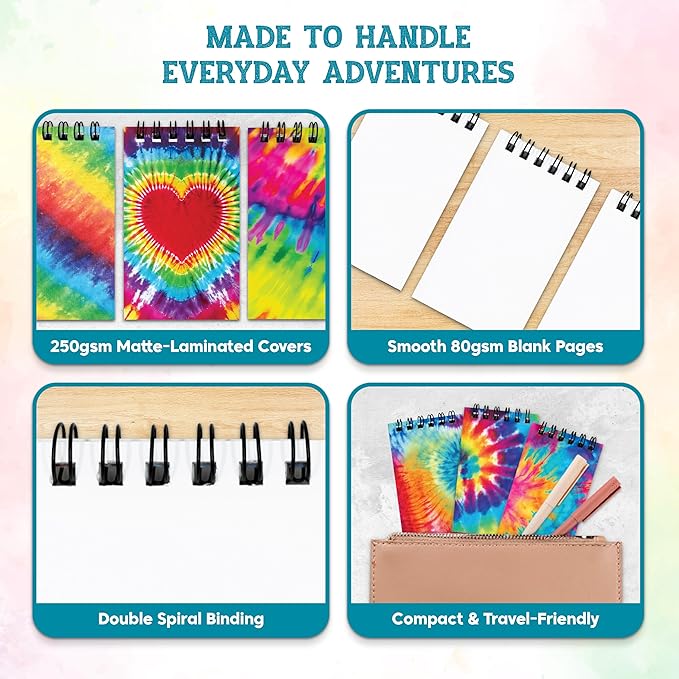 Decorably 24 Pack Spiral Tie Dye Party Favors for Kids 8-12 - 12 Colorful Designs 2.4x4in Small Notebook, Spring-Bound with 20 Sheets - Gifts for Birthday, Baby Shower, Children's Party, School