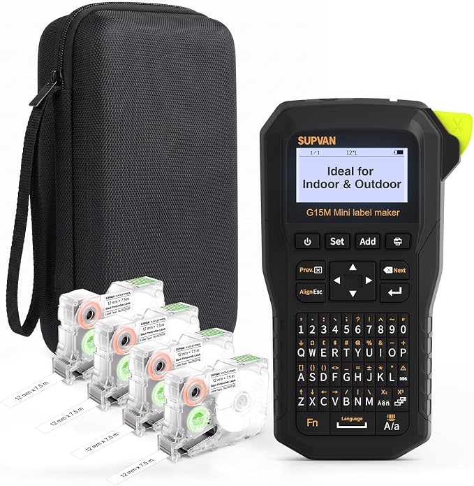 SUPVAN G15M Mini Portable Label Maker with 4 Tapes & Carrying Case | Heat Shrink Tube & Multiple Label Types, Rechargeable, Minimal Margin, LCD Backlit, Thermal Transfer, Home, Garage, Outdoor