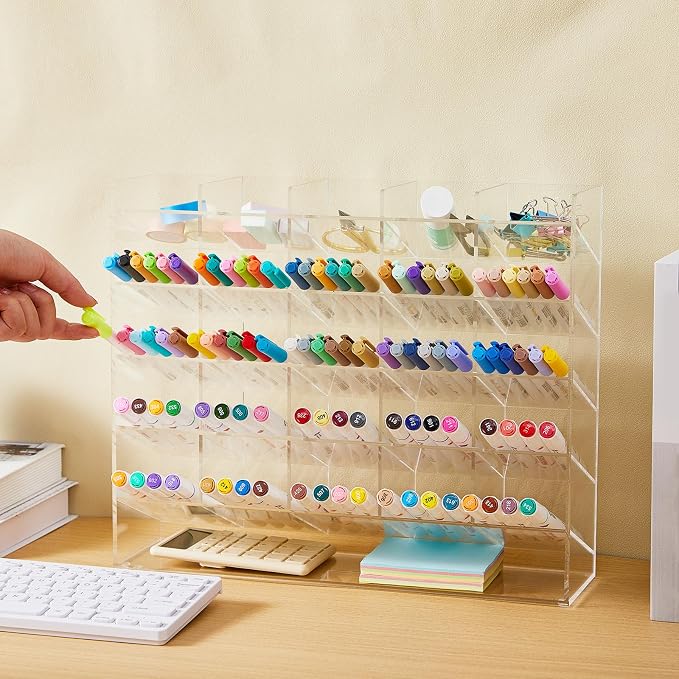 MotiMind Acrylic Pen Organizer Storage for 300 Markers Vertical Marker Organizer Acrylic Pen Display Holder for Office Desk Desktop Stationery Pencil Storage, Clear, 15 x 4 x 12.4 Inch