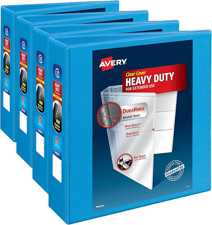 Avery Heavy-Duty View 3 Ring Binder, 3" One Touch Slant Rings, Holds 8.5" x 11" Paper, 1 Light Blue Binder (05601) (Pack of 4)