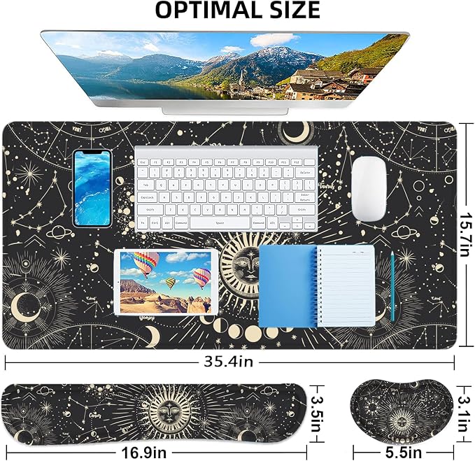Large Mouse Pad with Wrist Rest, 4-in-1 Wrist Rest for Keyboard and Mouse | Non-Slip Waterproof Desk Mat Set, 35.4"x15.7" Desk Mat+Keyboard Wrist Rest+Mouse Wrist Support+Cup Coaster for Home Office