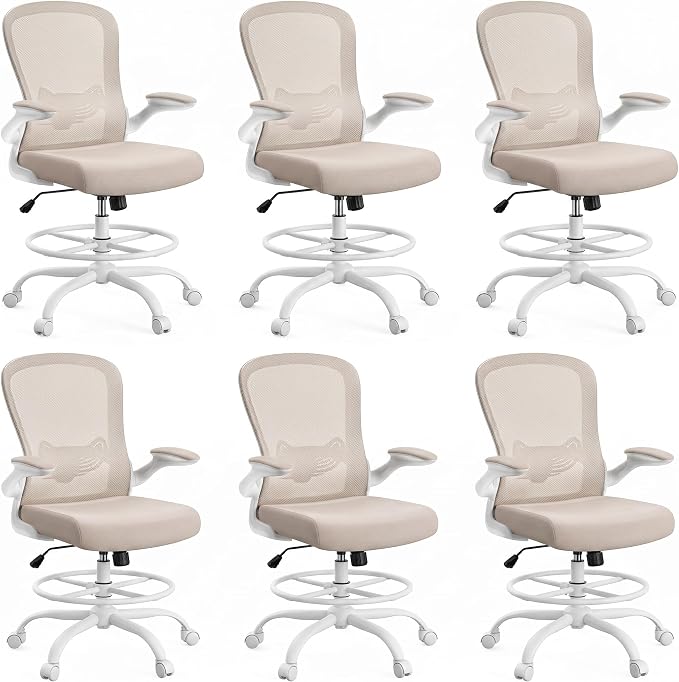 ErGear Drafting Chair,Tall Office Chair with Flip-Up Armrests, High Desk Chair Adjustable Height and Adjustable Footrest Ring, Ergonomic Standing Desk Chair with Lumbar Support, Khaki,6 Pack