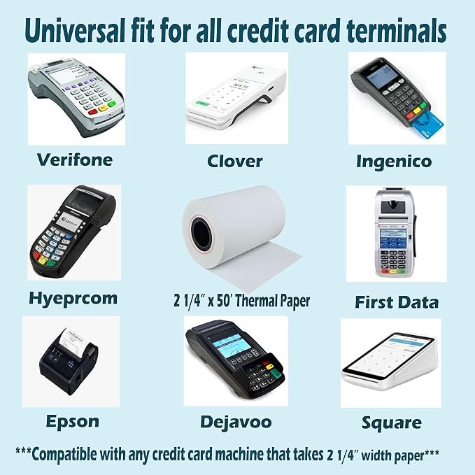 (50 Rolls) 2 1/4 x 50 Thermal Paper Receipt Rolls 55 GSM Premium Quality German Paper fits all Credit Card Terminals Verifone VX520 Ingenico ICT220 ICT250 FD400 BPA Free from BuyRegisterRolls