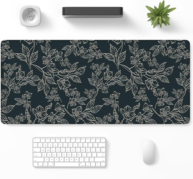 Desk Mat, Large Gaming Mouse Pad, 32" x 12", Retro Line Floral | Waterproof Desk Pad, Non-Slip Rubber Base, Desktop Mat with Stitched Edges, Desk Accessories for Office, Work, Home