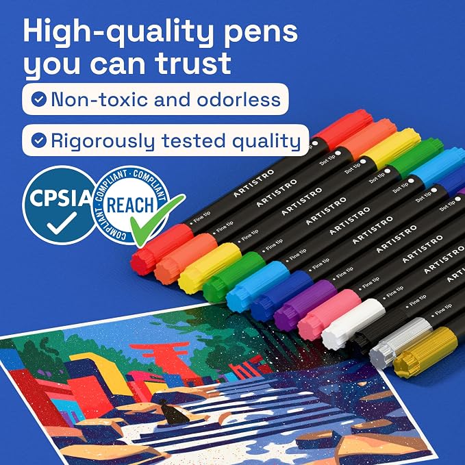 ARTISTRO Precision Dual-Tip Acrylic Paint Marker Pens - Set of 12 | For Fabric, Rock, Glass, Wood, & Coloring Books, Arts & Crafts Gift, Classroom Must Haves & School Supplies (Dot & Fine Tips)