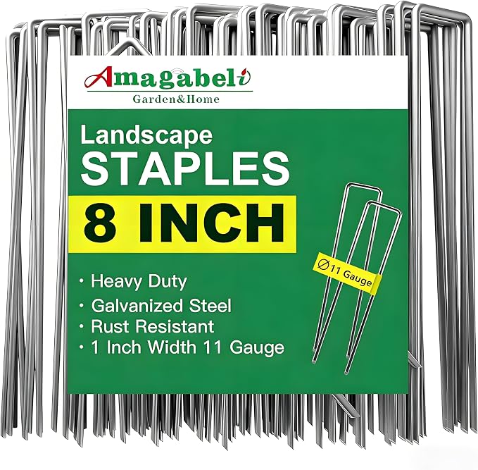 AMAGABELI GARDEN & HOME 300 Pack Galvanized Landscape Staples 8 Inch 11 Gauge Garden Staples Garden Stakes Plant Cover Stakes U-Shaped Landscape Stakes Landscape Pins for Weed Barrier Fabric