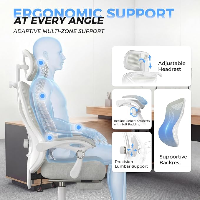 CYKOV Ergonomic Office Chair with Footrest - Adjustable Lumbar Support & Headrest, 90-135° Reclining Mesh Back Computer Chair - Home Office/Gaming, 350lbs Capacity | 4-Way Headrest (4.72" + 60°), 2-Way Lumbar (2" + 1.18"), 90-135° Recline, Breathable M...