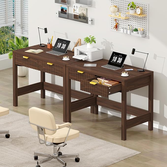 32 Inch Small Fluted Computer Desk with 2 Drawers for Bedroom, Home Office | Small Computer Desk with Storage, Compact Writing Study Desk for Small Spaces, Walnut