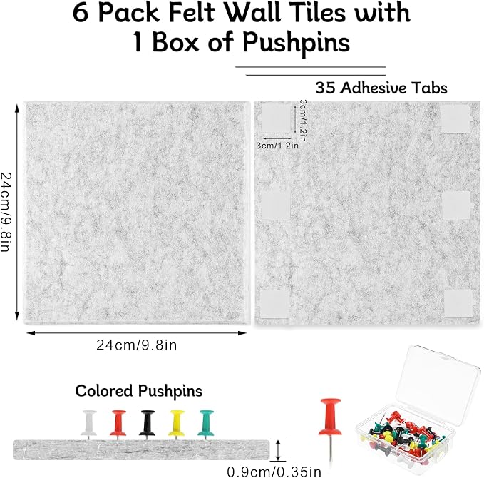 Cork Board Alternative 28" x 19", 6 Pack Felt Bulletin Boards, Pin Board | Includes Pushpins & 35 Safe Removable Adhesive Tabs, High-Density, Notice Boards for Walls Office Home Decor - Light Gray