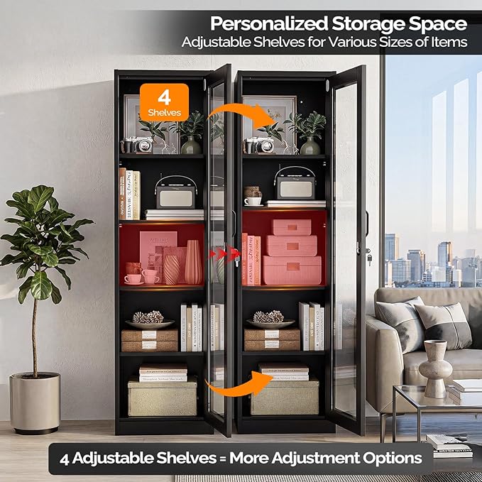 VINGLI Lockable Display Cabinet with Glass Door & 4 Adjustable Shelves, 65" Tall Metal Storage Cabinet Curio Liquor, Bookshelf Bookcase for Home Office Living Room Pantry Garage (Black)