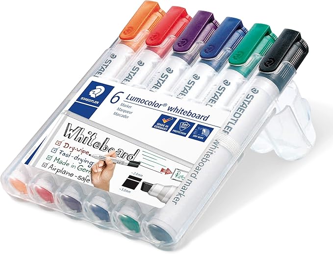 STAEDTLER 351 B WP6 Lumocolor Whiteboard Marker Chisel Tip - Assorted Colours (Pack of 6)
