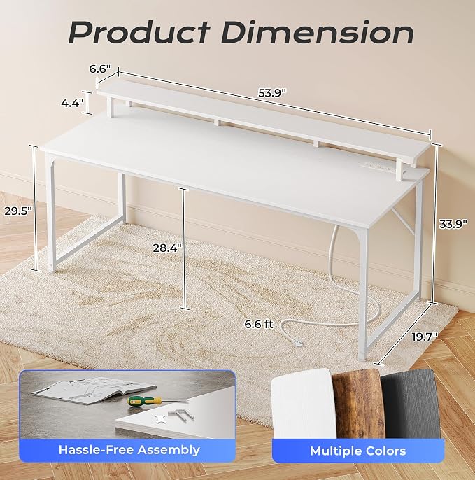 55 inch Gaming Desk, LED & Power Outlets, Monitor Stand, White | Sturdy PC Desk for Home Office, Study & Work, LED Lights, 4 AC Outlets & USB-C Charging Station