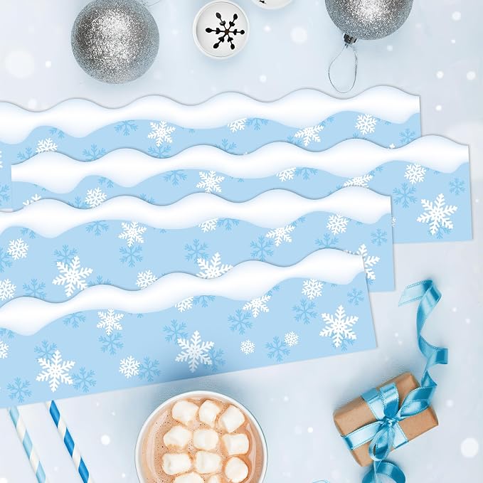 BeYumi Winter Snowflake Border Trim - 65ft Winter Snowflake Scalloped Rolled Border Trim Light Blue Christmas Bulletin Board Borders School Classroom Office Chalkboard Decor Party Decoration