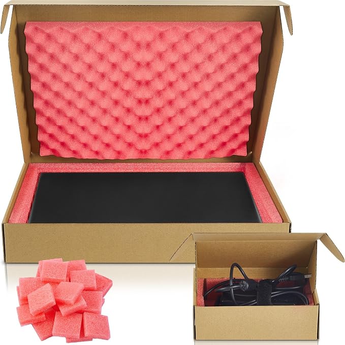 1 Set Laptop Shipping Box with Foam Protection Computer Mailing Box up to 17 Inch with Charger Boxs, Foam Frame, Foams Sheets Padding Kraft Secure Mailing Boxes for Packing Moving 16.7x13x2.5 Inch