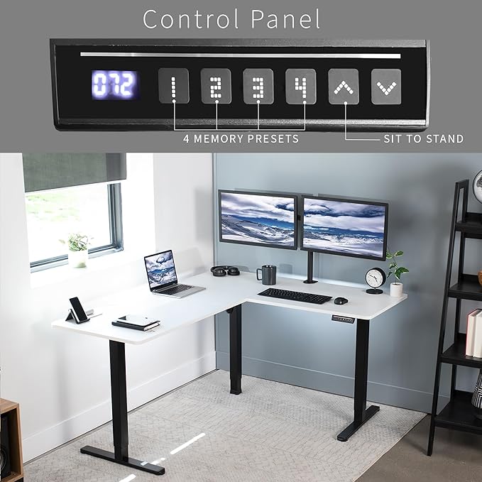 VIVO Corner Standing Desk, 63 x 55 inch Reversible L-Shaped Workstation, Electric Height Adjustment, Home, Office, and Reception Rooms, White Table Top Black Frame, DESK-E3CTBW