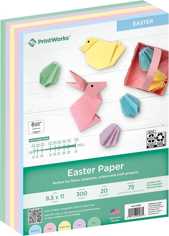 PrintWorks Easter Paper 8.5" x 11" - 300 Sheets - 5 Assorted Pastel Paper Colors - 30% Recycled - Ideal for School & Craft Projects - Made in The USA - SFI® Certified - 20 lb/75 GSM (00586)