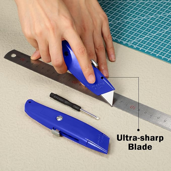 Lasnten 12 Pcs Box Cutter Bulk Retractable Utility Knife Heavy Duty Aluminum Alloy Carpet Knife Package Opener Cutter Blade for Cardboard Plastics Cartons DIY Home Warehouse Office(Blue)