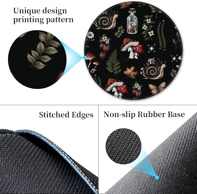 Hancynir Mushroom Round Mouse Pad, Small Mousepad for Laptop Desk Office | Mouse Mat for Computer, Non-Slip Rubber Base, Office Desk Decor, Gifts for Work Coworker Teacher, 8.6 Inch, Stitched Edges