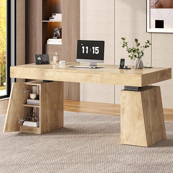 55 in Executive Standing Desk, Modern Electric Height Adjustable Desk with Drawer, Storage Cabinet, Shelves, Power Outlet, Wood Sit Stand up Computer Desks for Home Office, Oak