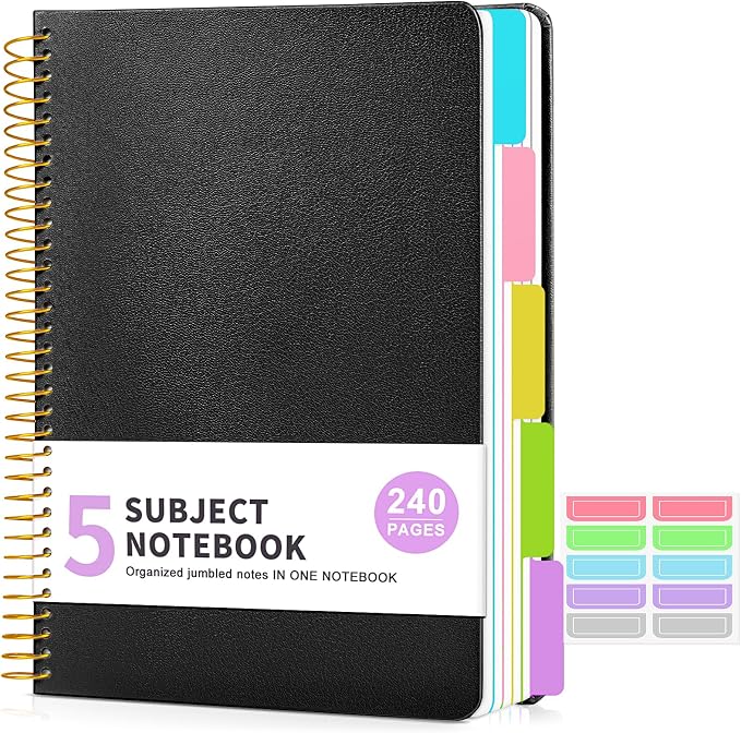 5 Subject Notebook College Ruled with Removable Pocket Dividers Tabs, 240 Pages Spiral Notebook 8.5 x 11, Lined Journal Notebook for Women , Hardcover Notebooks for Work School Note taking A4 Black