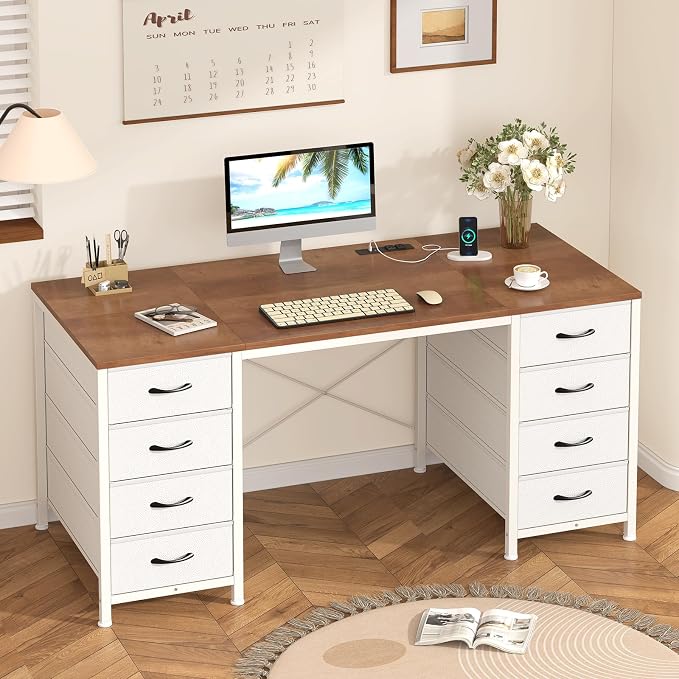 50 Inch Computer Desk with 8 Drawers for Home Office, Bedroom, Living Room | Home Office Desk with Power Outlets, Work Study Gaming Desk with 8 Fabric Drawers, Brown & White