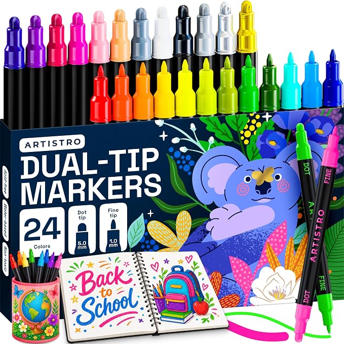 ARTISTRO Mixed Colors Dual-Tip Acrylic Paint Marker Pens - Set of 24 | For Fabric, Rock, Glass, Wood, & Coloring Books, Arts & Crafts Gift, Classroom Must Haves & School Supplies (Dot & Fine Tips)