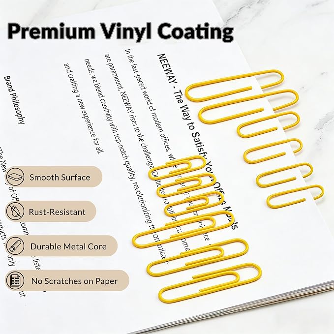 NEEWAY 450pcs Paper Clips Assorted Sizes, Small and Large Paper Clips (1.1 inch, 2 inch), Coated Paperclips for Office School Document Organizing (Yellow)