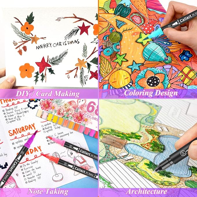 Caliart 34 Double Tip Brush Pens Art Markers for Adult Coloring Books | Artist Fine & Brush Coloring Markers for Journaling Calligraphy Lettering Planners Drawing Teacher Office Art Supplies