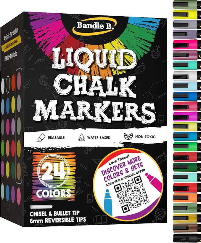 Bandle B. Chalk Markers - 24 Vibrant, Erasable, Non-Toxic, Water-Based, Reversible Tips. For Glass or Chalkboard Markers for Businesses, Restaurants, Liquid Drawing Chalk (Vibrant 6mm)