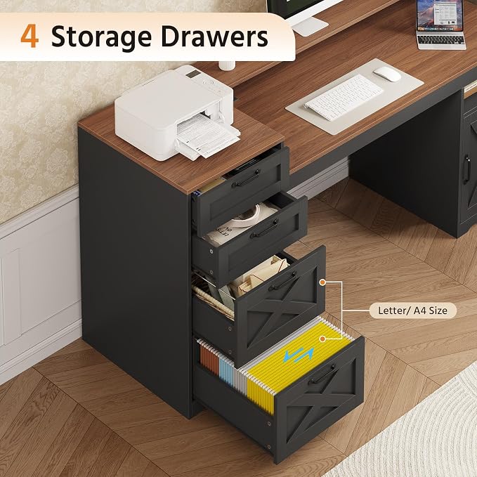 63" Farmhouse Computer Desk with 4 Drawers for Home Office, Bedroom | Executive Desk with Printer Shelf, Monitor Stand, Home Office Desks with Power Outlets, Storage Shelves, Brown and Black