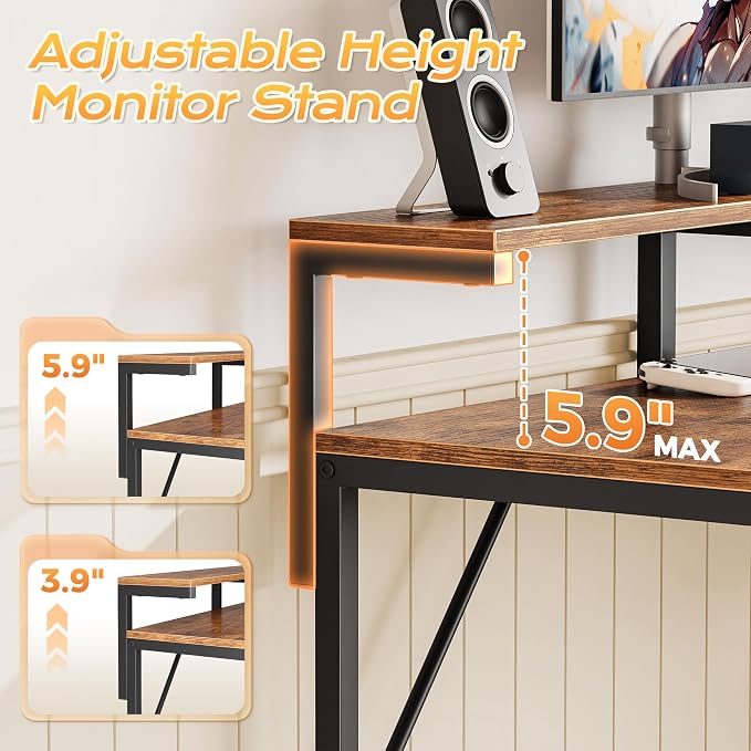 55.1 Inch Gaming Desk with LED Lights & Power Outlets | Computer Desk with Drawer & Storage Shelves, Office Writing Desk with Monitor Stand for Work from Home, Rustic Brown