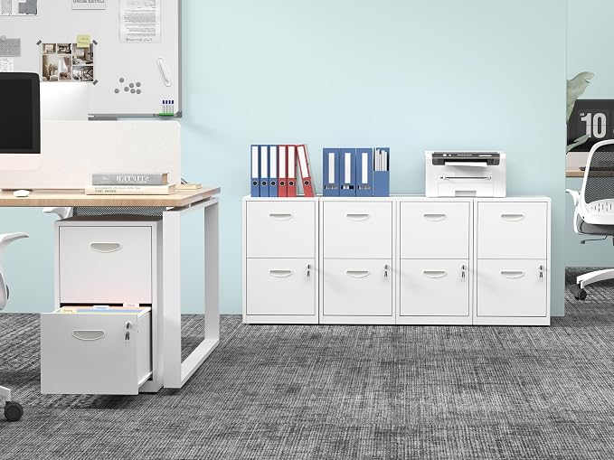 Polup 2 Drawer File Cabinet with Lock, Metal Filing Cabinet for Home Office | Small Locking Cabinet for Under Desk Storage, Printer Stand, Fits Letter Size, White, 26"H x 15"W x 18"D, Easy Assembly