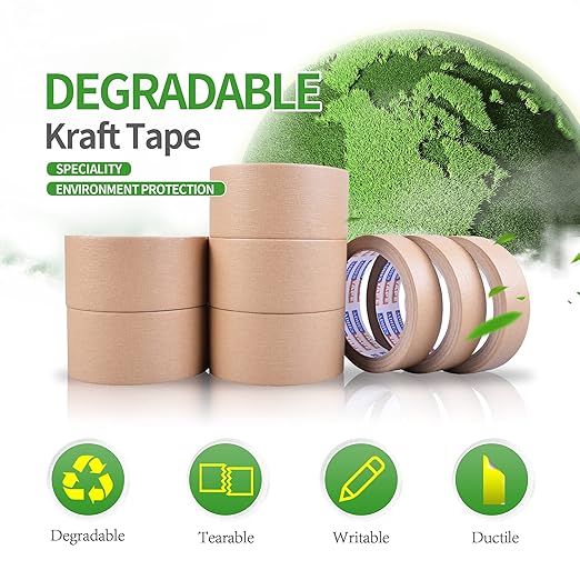ADHES Biodegradable Kraft Paper Tape, 2 inch x 55 Yards 3 Rolls Eco Friendly & Writable & Uncoated Paper Packing Tape Brown Packing Tape for Masking, Sealing, and Packaging Use