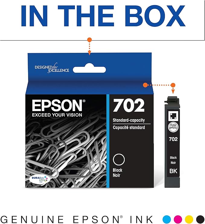 Epson 702 DURABrite Ultra Ink Standard Capacity Black Cartridge (T702120-S) Works with Workforce Pro WF-3720, WF-3730, WF-3733 (Pack of 2)