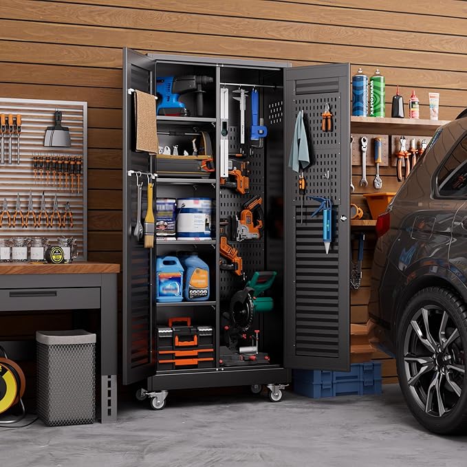 Aobabo Lockable Metal Storage Cabinet with 4 Adjuatable Shelves,Garage Storage Cabinet with Wheels and 5 Remove Pegboard,Required Assembly,Black,70.87''H*31.5''W*15.75''D