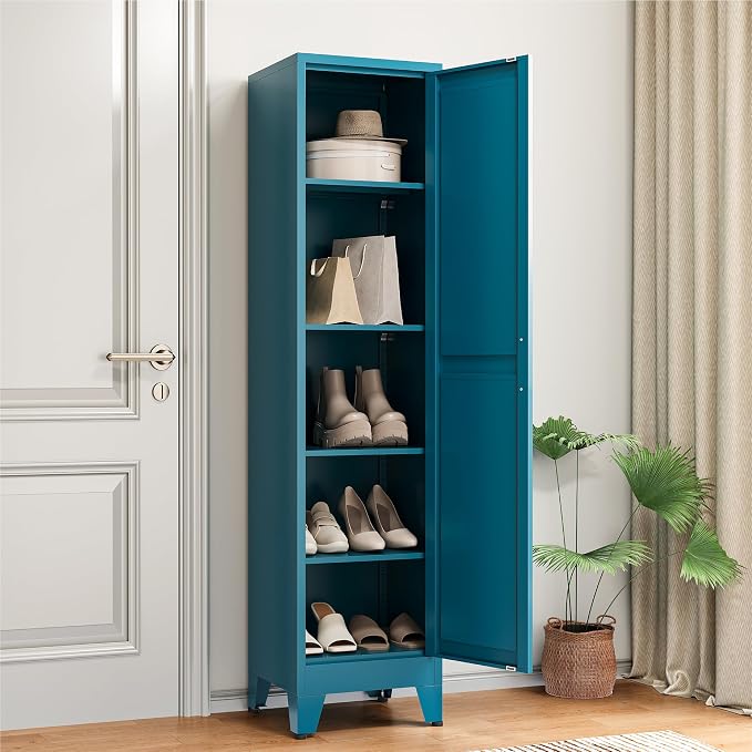 COFaR 67" Metal Narrow Storage Cabinet, Peacock Blue Slim Storage Cabinet with Magnetic Door & 4 Adjustable Shelves, Slim Freestanding Cupboard for Bathroom, Kitchen
