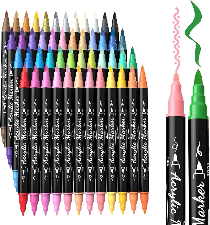 48 Colors Precision Dual Tip Acrylic Paint Markers Pens - Brush & Fine | Performs on Rock, Wood, Paper, Fabric, Egg, Scrapbook, Glass, Ceramic, Canvas, DIY Crafts Art Gift - School Supplies