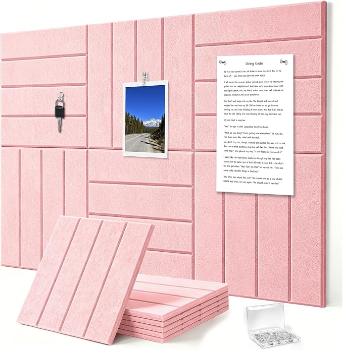 0.47" Thick Felt Wall Tiles 36"x24" Cork Board Alternative 6 Pack 11.81"x11.81"Felt Bulletin Board Pin Board with Removable Adhesive Tape&30 Pushpins for Home Office School(Bold-Coral Pink)