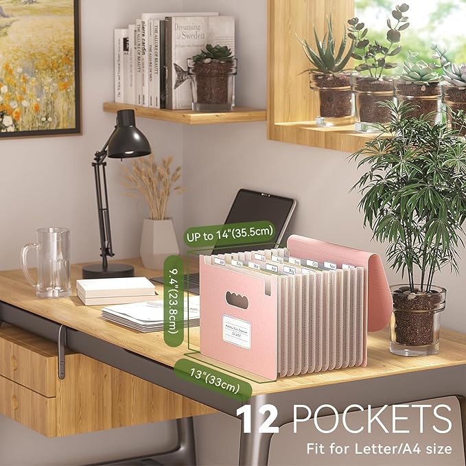 Accordion File Organizer, 12-Pocket Wheat Straw Expanding File Folder, Portable Monthly Bill & Tax Receipt Organizer, Letter/A4 Size Document Holder with Colorful Tabs-Strawberry Pink