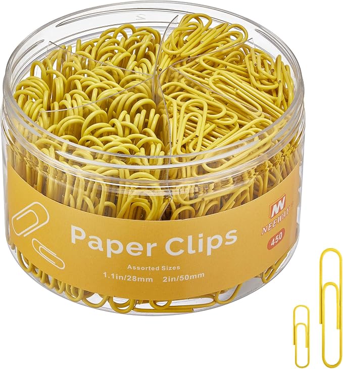 NEEWAY 450pcs Paper Clips Assorted Sizes, Small and Large Paper Clips (1.1 inch, 2 inch), Coated Paperclips for Office School Document Organizing (Yellow)