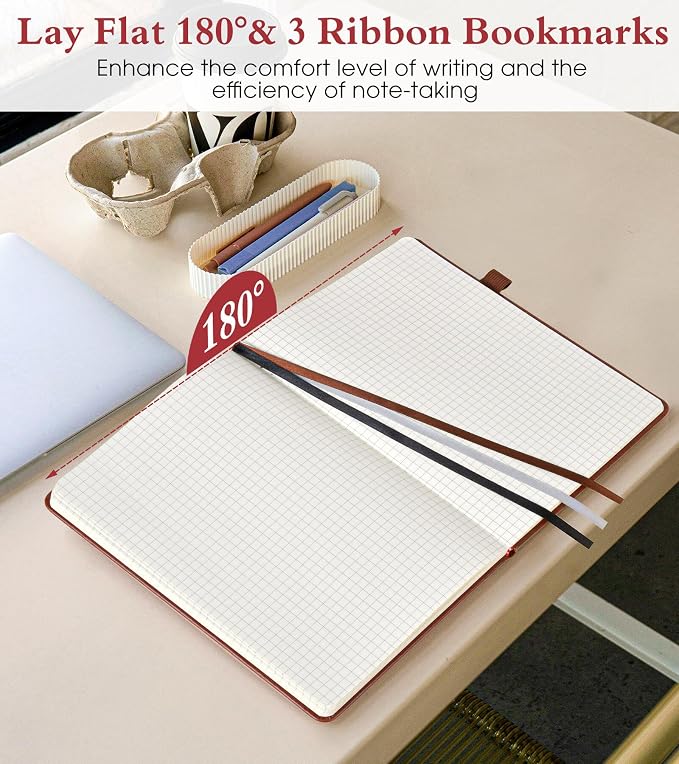 PAIBAS Graph Notebook for Women Men, 160 Pages Grid Paper, Graphing Notebooks for School, Work, Quad Ruled, Inner Pocket, A5 Hardcover Vintage Leather Journals for Writing, 5.8"x8.5" (Brown)