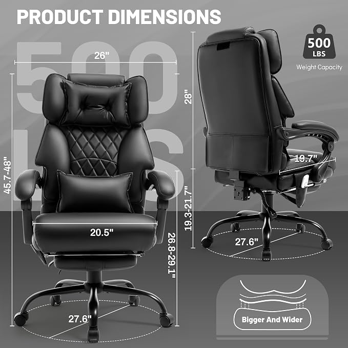 Office Chair with Foot Rest,3D Kneading Massage & Heat Executive Office Chairs for Heavy People,500LBS Big and Tall Office Chair,Ergonomic Reclining Desk Chair,Dual-Use Pillow,Home Office,Black