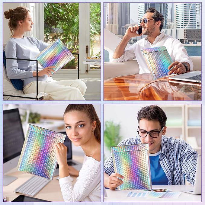 50 Pcs Metallic Bubble Mailers,With Thank You Cards and Stickers,Holographic Bubble Mailers,Self Seal Poly Padded Envelopes,Adhesive Shipping Bag,Cushion Envelopes for Mailing Small Business