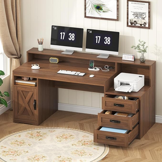 65" Farmhouse Computer Desk with Drawers and Printer Stand for Home Office | Office Desk with Power Outlets and Storage Cabinet, Study Writing Desks with Long Monitor Stand, Brown