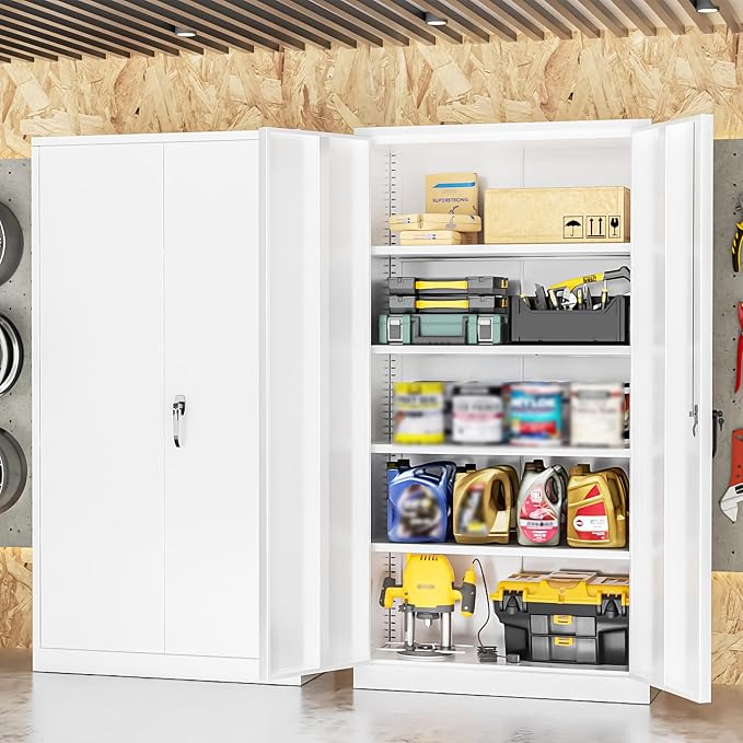 Metal Lockable Storage Cabinet, 72” H Storage Cabinet with 2 Doors and 4 Adjustable Shelves for Office, Home, Garage, Pantry (Assembly Required, 18”D, White)