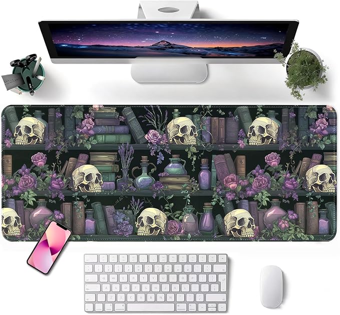 Mouse Pad, Desk Mat, 31.5x11.8in Large Mousepad, Skull Bookshelf | Desk Pad with Stitched Edge & Rubber Non-Slip Bottom, Gaming Mouse Pad, Extended Mousepad for Home, Office