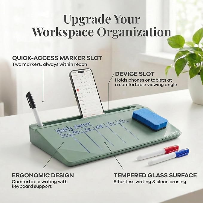 Birch Desktop Glass Whiteboard with Magnetic Weekly Calendar – Dry Erase Board, Keyboard Stand, Hidden Storage, Adjustable Dividers, 3 Markers & Eraser – Office, Home, School – Moss